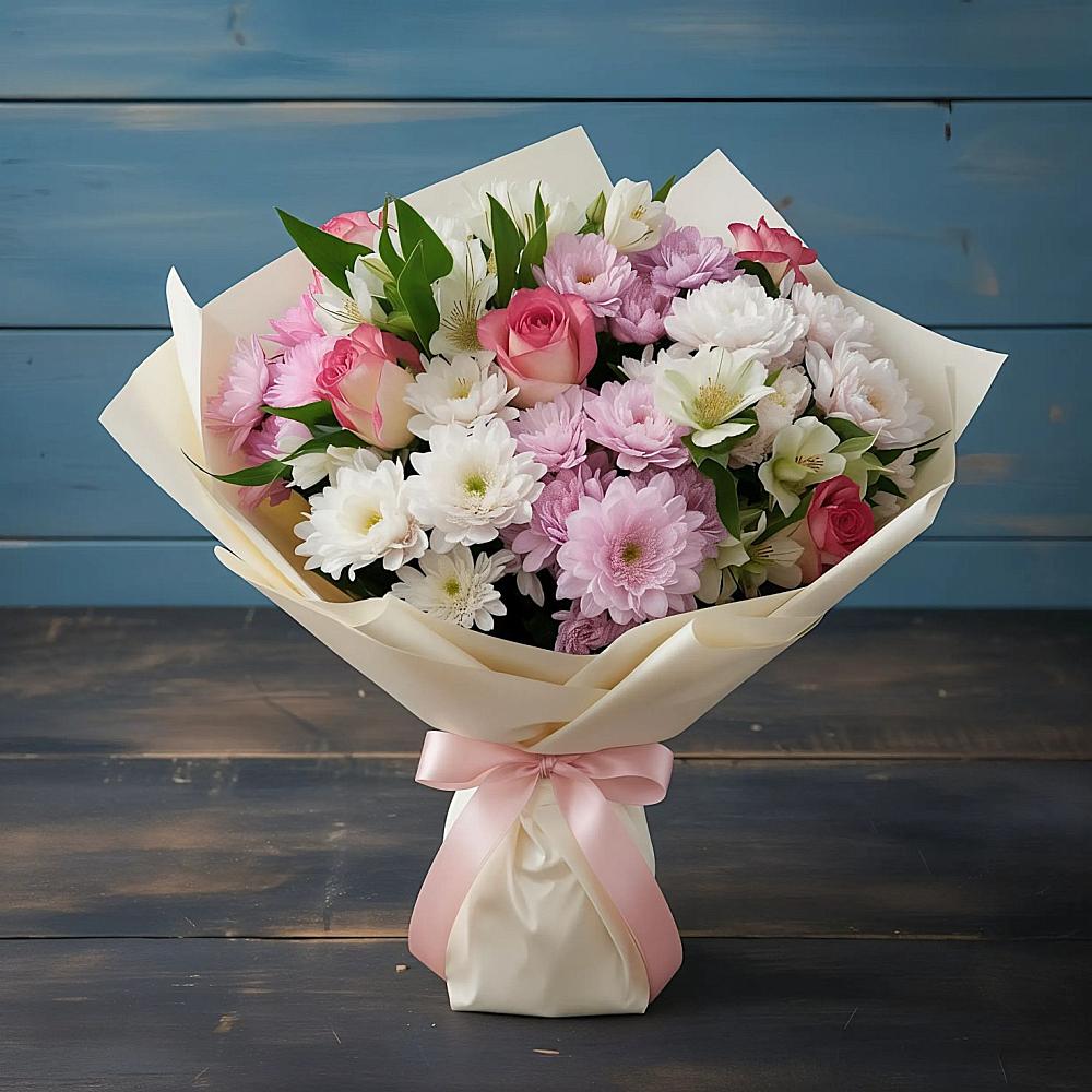 Букет цветов из: Хризантемы, Альстромерии и Розы в Ермолаево